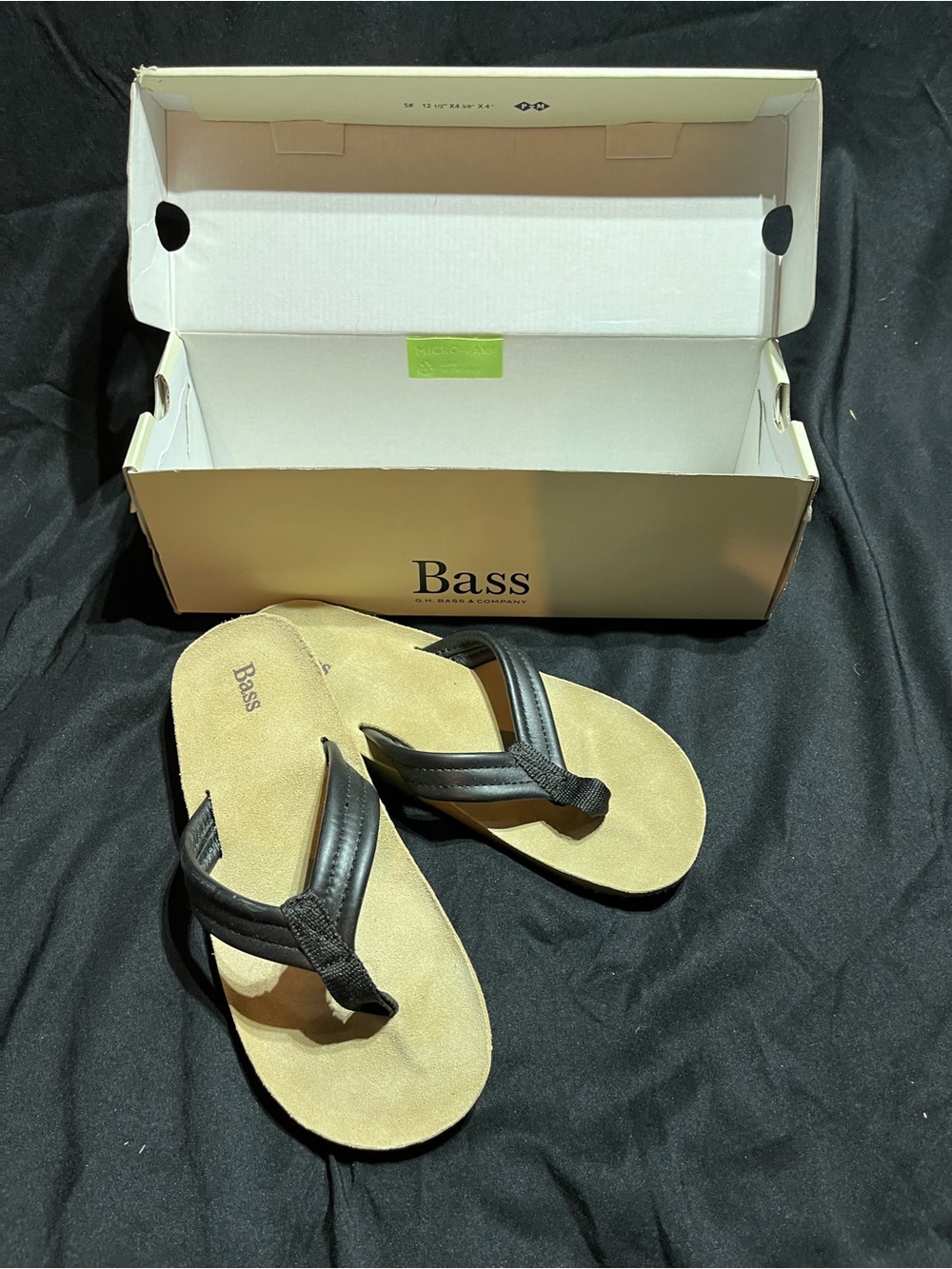 Bass Black Strap Flip Flop Sandals with Tan Footbed